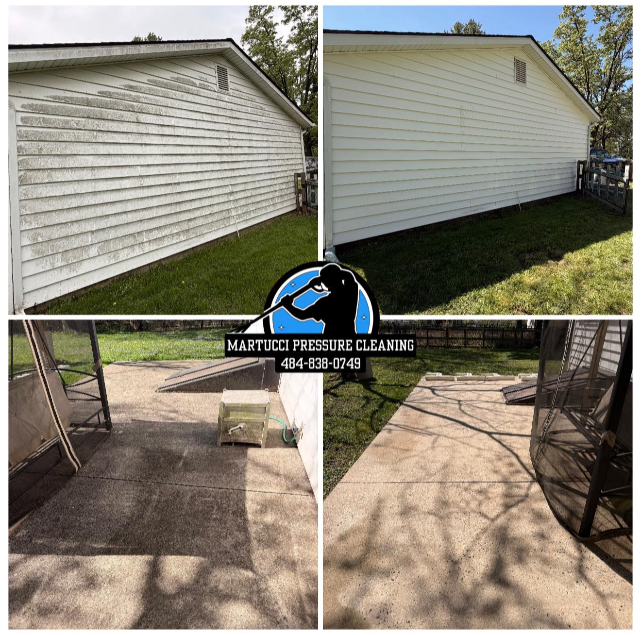 Mildewed siding and dirty concrete patio before and after cleaning