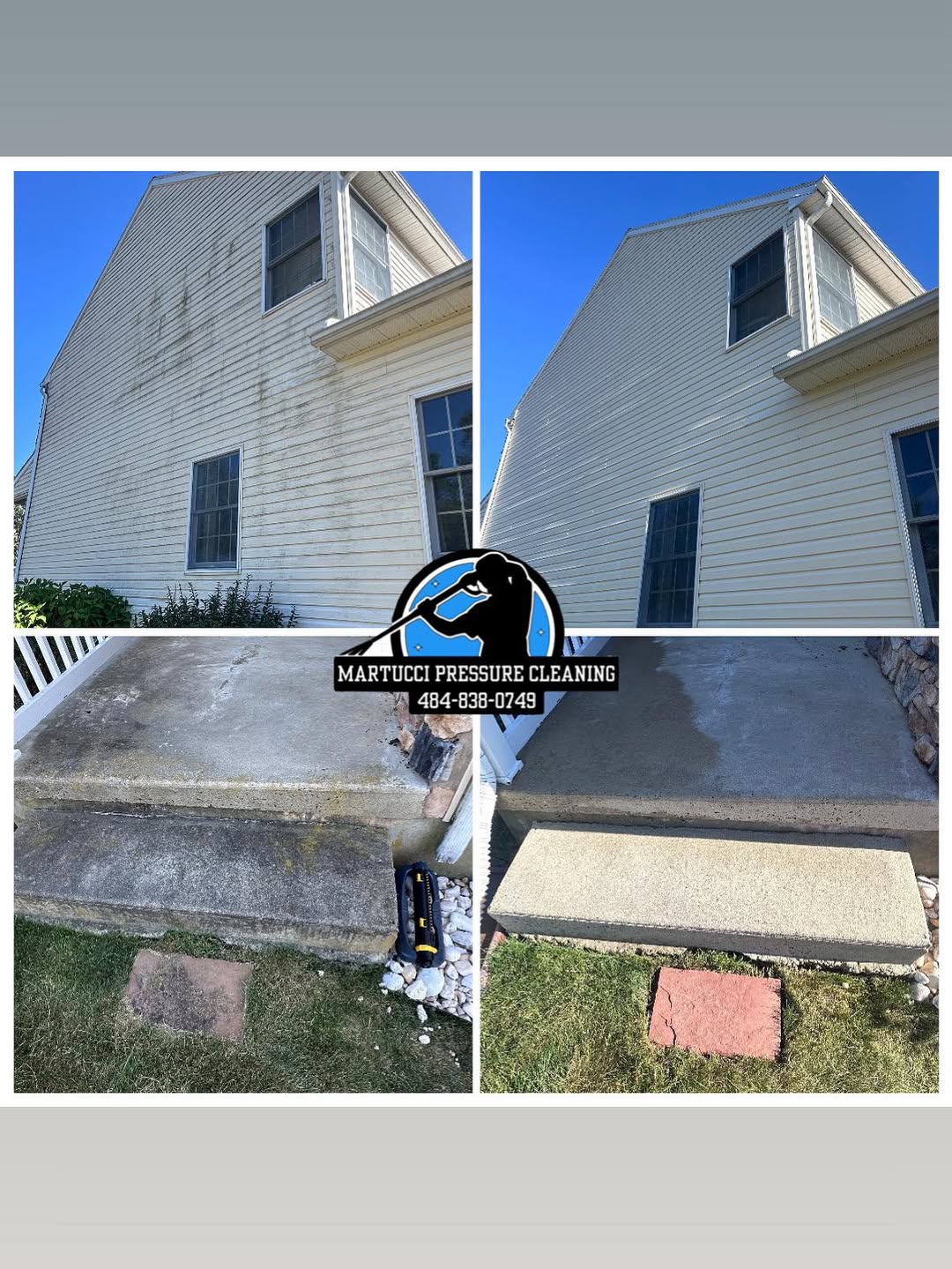 Dirty house siding and concrete steps before and after pressure washing