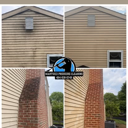 House siding and brick chimney pressure washing before and after