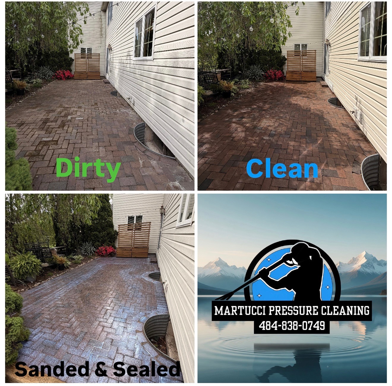 Brick paver patio dirty, clean, sanded and sealed - paver restoration