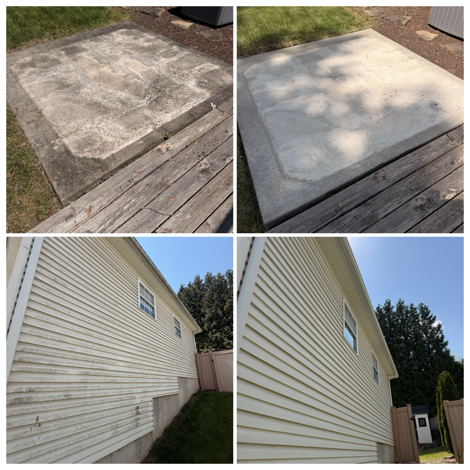 Concrete pad and house siding before and after pressure washing in the Lehigh Valley