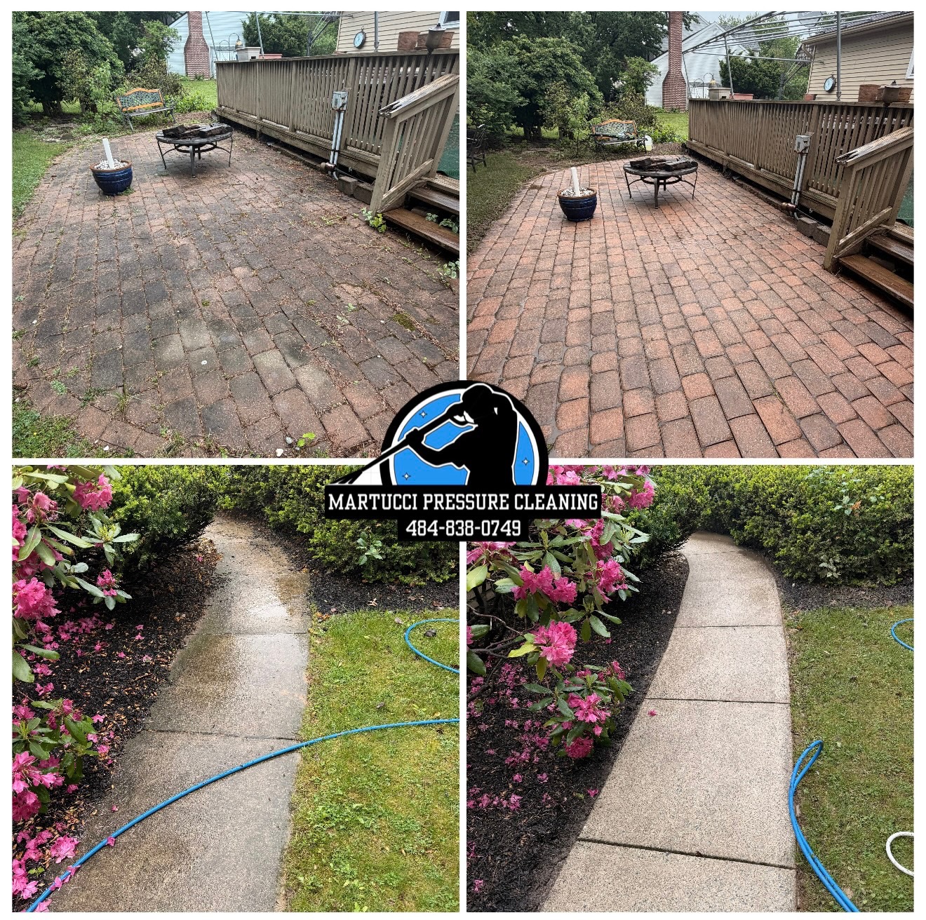 Paver patio and concrete walkway before and after pressure washing