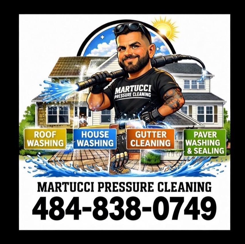 Martucci Pressure Cleaning roadside sign — Sam Martucci illustration with services and phone number